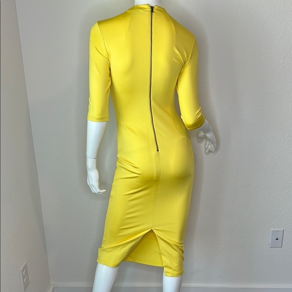 Alice + Olivia Yellow Ruched Bodycon Midi Dress - Picture 4 of 13